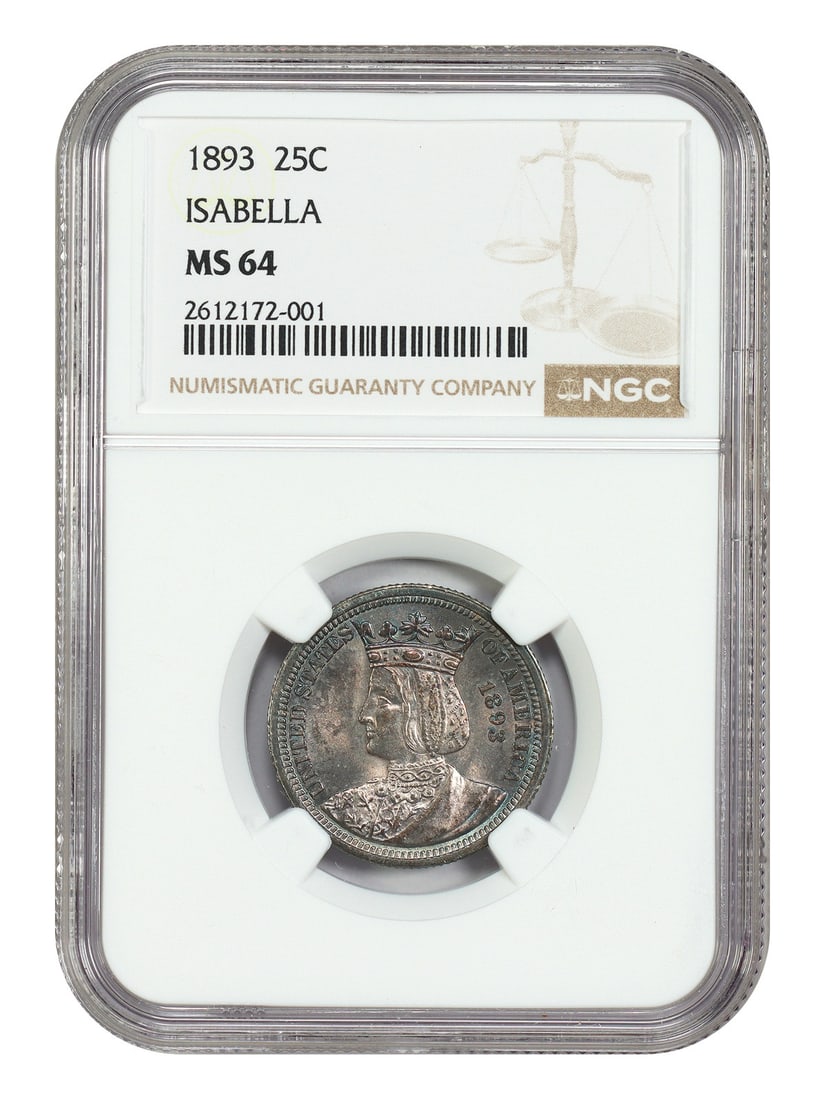 Isabella Quarter 1893 NGC MS64 Silver Commemorative Coin: Isabella Quarter 1893 NGC MS64 Silver Commemorative Coin This 1893 25C Isabella quarter is a classic silver commemorative coin, graded MS64 by NGC. Issued as a souvenir for the World's Columbian Expos