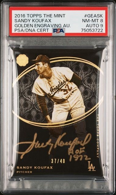 Sandy Koufax 2016 Topps Golden Engraving #GEASK PSA 9 Auto 37/40: Sandy Koufax 2016 Topps Golden Engraving #GEASK PSA 9 Auto 37/40 This is a 2016 Topps The Mint Golden Engraving card featuring baseball legend Sandy Koufax, graded PSA 9 with an autograph rated NMMT 8