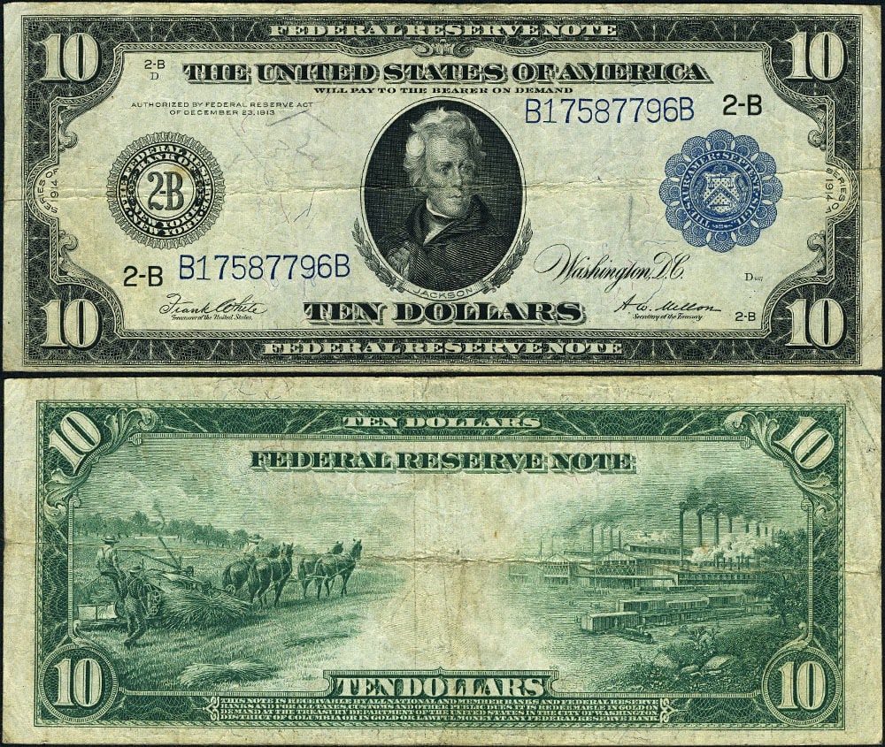$10 1914 Federal Reserve Note FR 911 A Circulated VF (1 of 3)