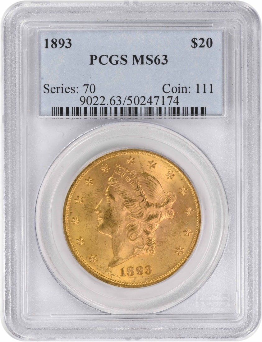 1893 Liberty $20 Double Eagle Gold Coin Graded MS63 by PCGS: 1893 Liberty $20 Double Eagle Gold Coin Graded MS63 by PCGS This 1893 $20 Gold Liberty Head coin from the United States is graded MS63 by PCGS and features a design by James Barton Longacre. Struck at