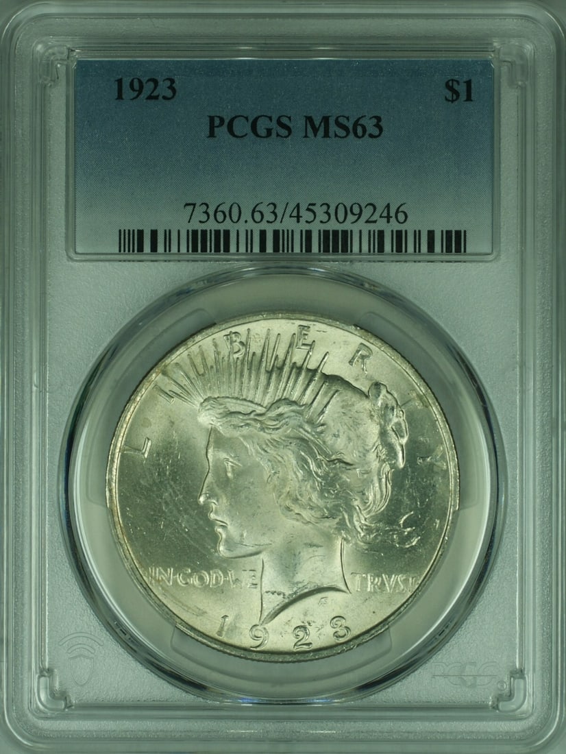 PCGS MS 63 1923 Philadelphia Peace Silver Dollar Uncirculated: PCGS MS 63 1923 Philadelphia Peace Silver Dollar Uncirculated This is a 1923 Peace Silver Dollar from the United States, graded MS-63 by PCGS. Minted in Philadelphia, this uncirculated coin is compose