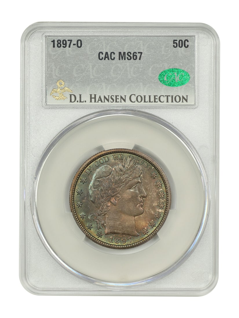 1897-O Barber Half Dollar MS67 CACG Uncirculated Gem: 1897-O Barber Half Dollar MS67 CACG Uncirculated Gem This stunning 1897-O Barber Half Dollar is certified by CACG with a grade of MS67, indicating its uncirculated condition. Struck in New Orleans wit