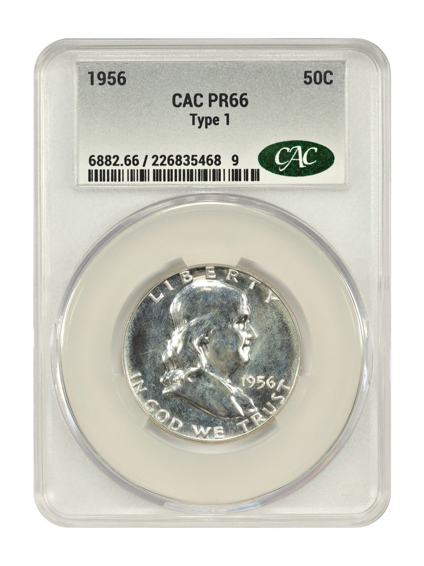 1956 Franklin Half Dollar PR66 CACG Certification Type 1: 1956 Franklin Half Dollar PR66 CACG Certification Type 1 This 1956 Franklin Half Dollar is a noteworthy addition for collectors, certified by CACG with a certification number of 226835468. It is grade
