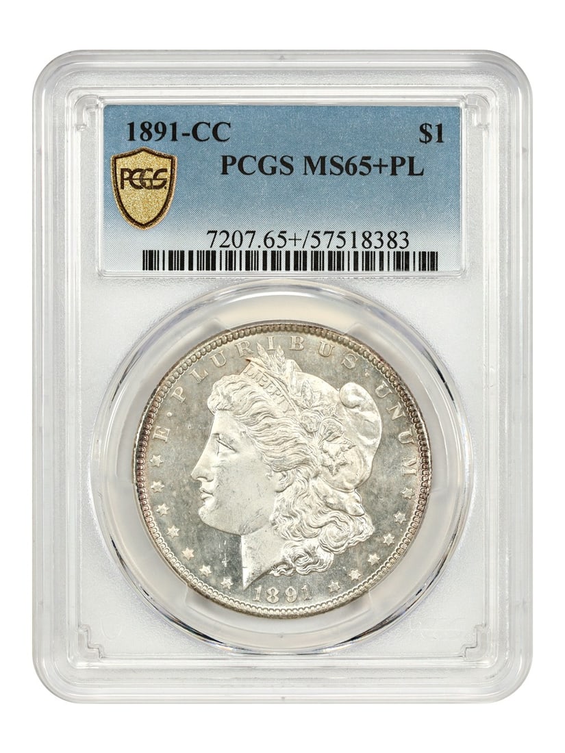 PCGS MS65+PL 1891-CC Morgan Silver Dollar Prooflike Carson City: PCGS MS65+PL 1891-CC Morgan Silver Dollar Prooflike Carson City This is an 1891-CC Morgan Dollar, certified by PCGS with a grade of MS65+PL. Struck at the Carson City Mint, this uncirculated silver do