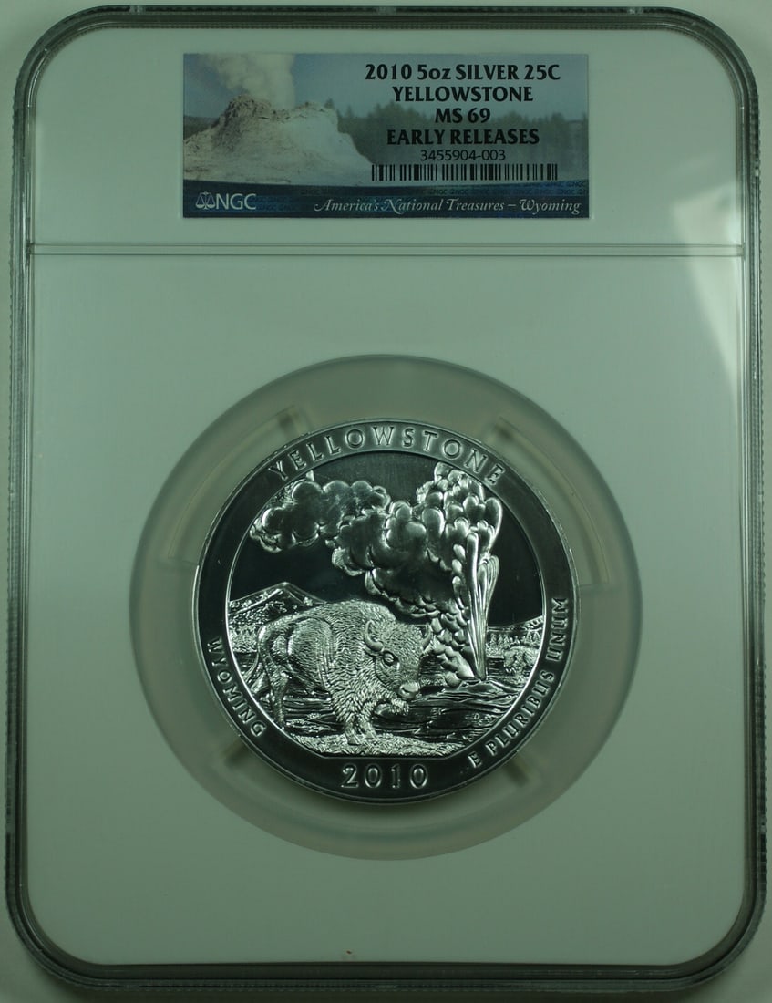 Yellowstone 2010 5 Oz Silver 25C Coin NGC MS 69 Early Releases: Yellowstone 2010 5 Oz Silver 25C Coin NGC MS 69 Early Releases This 2010 Yellowstone Wyoming State 25-cent quarter is struck from 5 ounces of 0.999 fine silver. Certified by NGC as an Early Release an