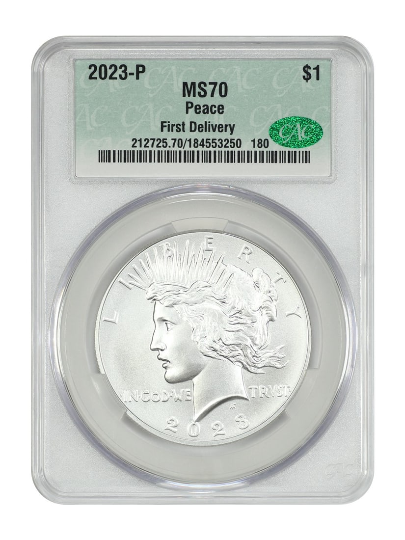 CACG MS70 2023 Philadelphia Peace Dollar First Delivery Silver Coin: CACG MS70 2023 Philadelphia Peace Dollar First Delivery Silver Coin This 2023-P Peace Dollar is a modern commemorative coin graded MS70 by CACG, indicating a flawless uncirculated condition. Struck at