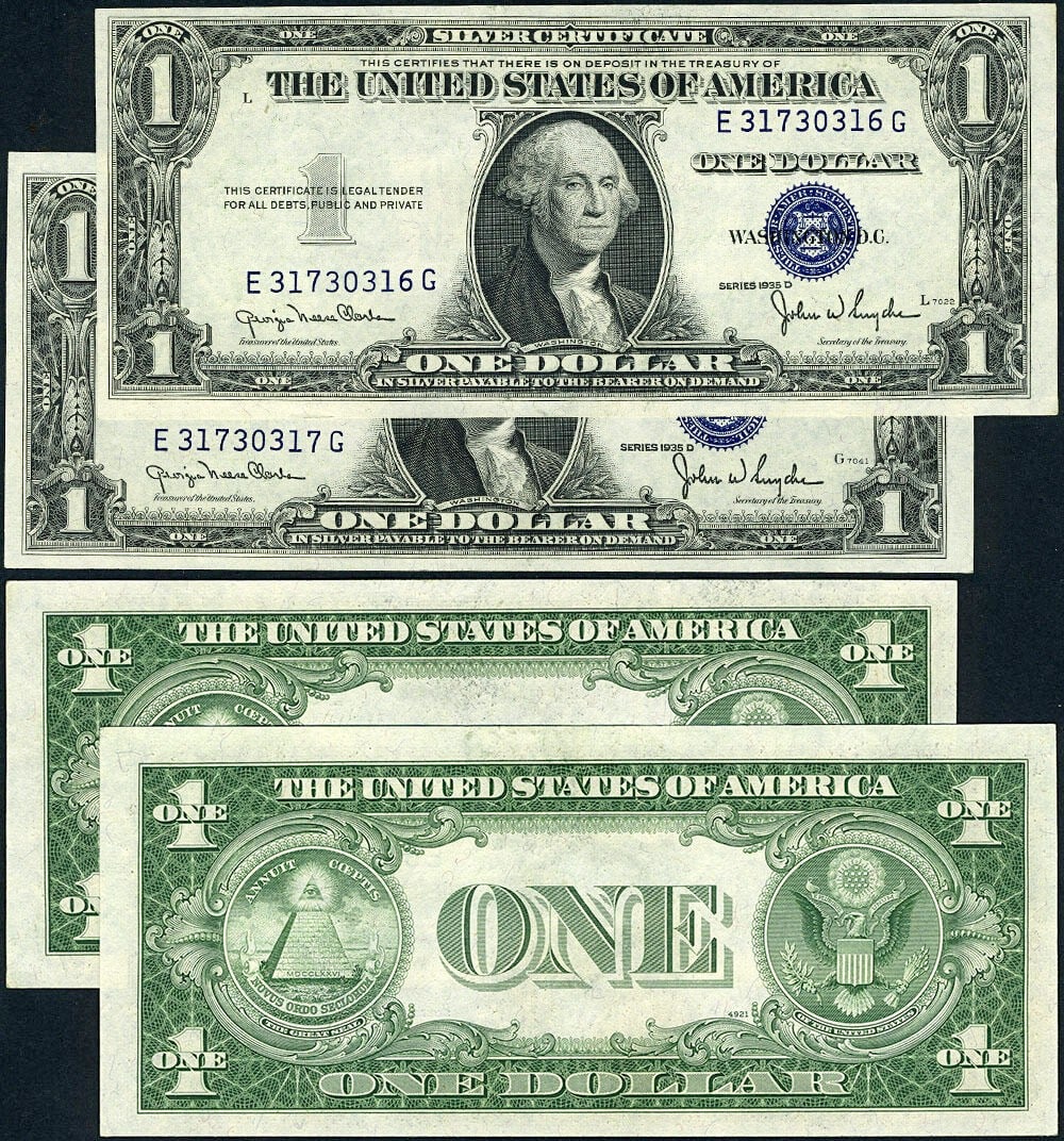 1935-D $1 Silver Certificate Change-Over Pair E-G Block Gem CU: 1935-D $1 Silver Certificate Change-Over Pair E-G Block Gem CU This exceptional change-over pair features the 1935-D $1 Silver Certificate, showcasing the E-G Block designation. Both notes are in Gem