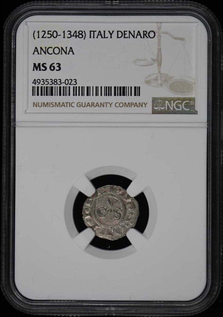 1250-1348 Italy Ancona Denaro NGC Certified MS63 Coin: 1250-1348 Italy Ancona Denaro NGC Certified MS63 Coin This is an uncirculated Denaro coin from Ancona, Italy, dated between 1250 and 1348. It has been certified by NGC with a grade of MS63, indicating