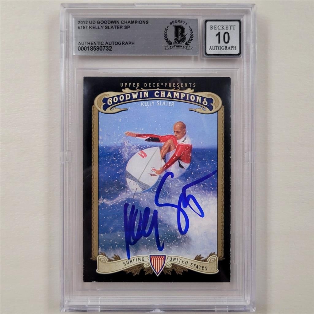 2012 Upper Deck Goodwin Champions Kelly Slater Rookie Signed Card Beckett 10: 2012 Upper Deck Goodwin Champions Kelly Slater Rookie Signed Card Beckett 10 This 2012 Upper Deck Goodwin Champions #157 sports trading card features a hard-signed autograph from legendary surfer Kell