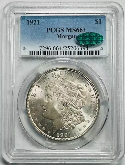 1921 P Morgan Silver Dollar MS 66+ PCGS CAC Certified: 1921 P Morgan Silver Dollar MS 66+ PCGS CAC Certified This 1921 P Morgan Silver Dollar is certified by PCGS with a grade of MS 66+ and carries the CAC designation. Struck in Philadelphia, this uncircu