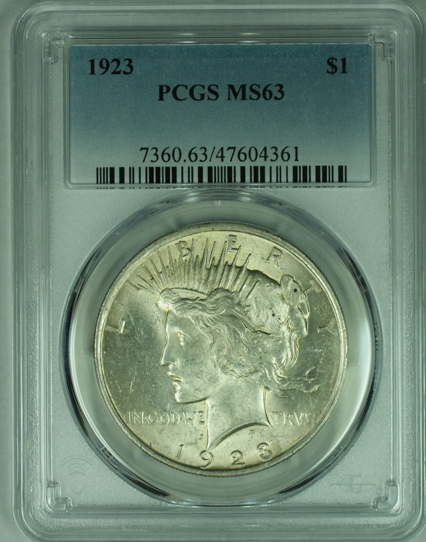 PCGS MS 63 1923 Silver Peace Dollar Uncirculated US $1 Coin: PCGS MS 63 1923 Silver Peace Dollar Uncirculated US $1 Coin This 1923 Peace Silver Dollar $1 coin is certified by PCGS with a grade of MS 63. Composed of silver and uncirculated, this coin originates