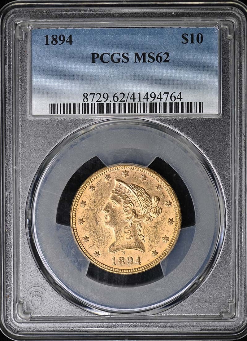 1894 Liberty Head $10 Gold Eagle PCGS MS62 Uncirculated: 1894 Liberty Head $10 Gold Eagle PCGS MS62 Uncirculated This 1894 $10 Liberty Head Eagle gold coin has been certified by PCGS with a grade of MS62. It was minted in Philadelphia and is in un-used, pre