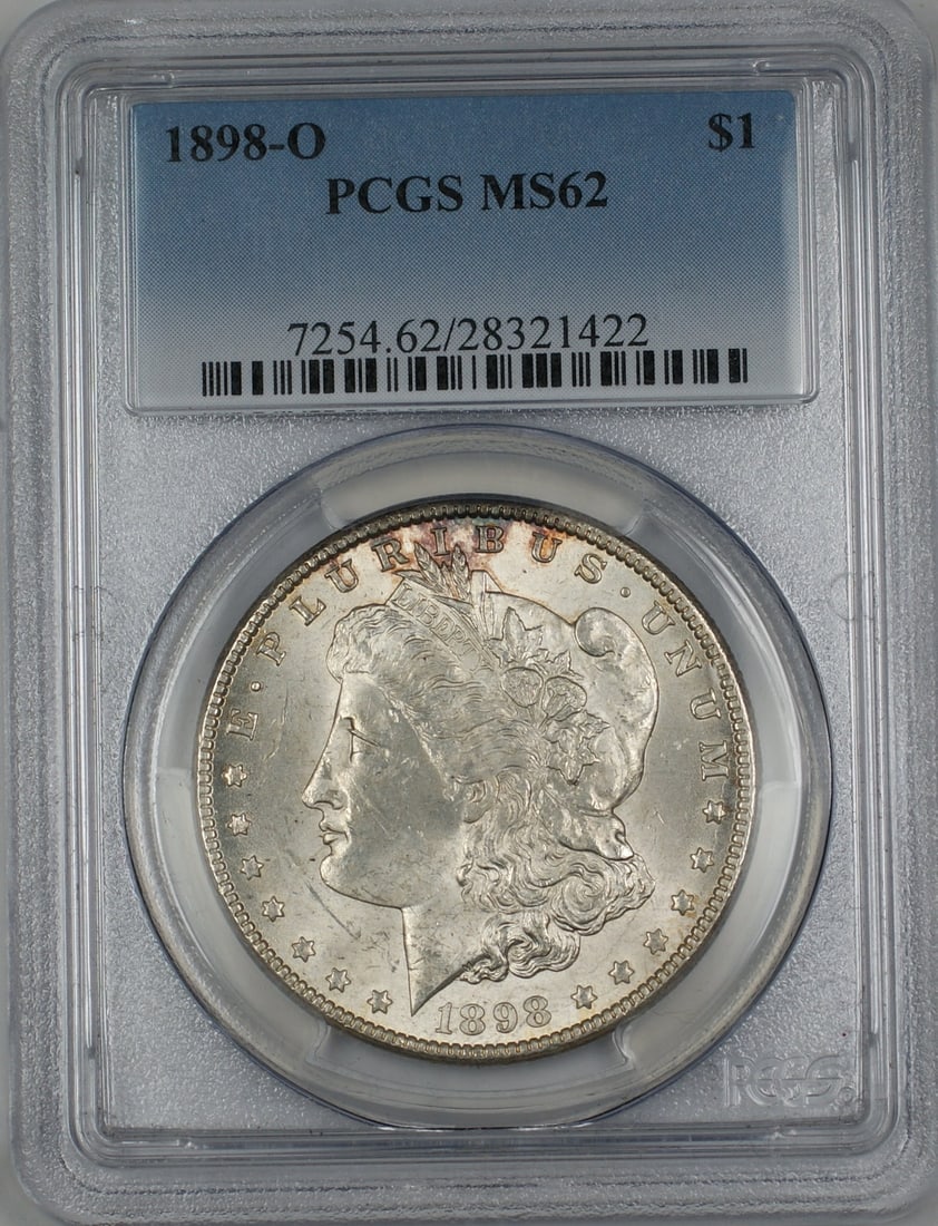 PCGS MS62 1898-O Silver Dollar from New Orleans Mint: PCGS MS62 1898-O Silver Dollar from New Orleans Mint This 1898-O Morgan Silver Dollar is certified by PCGS with a grade of MS 62. The coin was minted in New Orleans and is composed of silver. It is in
