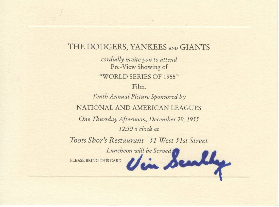 Vin Scully Autographed 1955 World Series Invitation JSA Certified: Vin Scully Autographed 1955 World Series Invitation JSA Certified Celebrate baseball history with this original signed invitation from the legendary Vin Scully, commemorating the 1955 World Series. Th