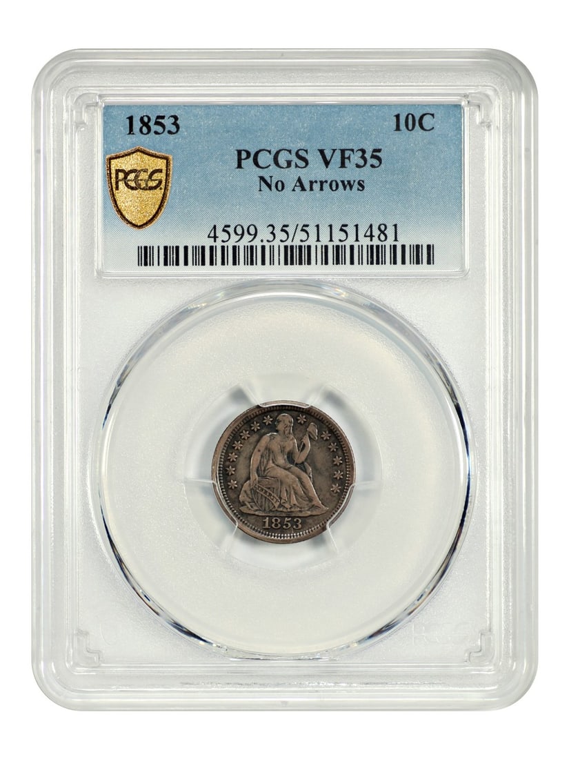 1853 Liberty Seated Dime No Arrows 10C PCGS VF35: 1853 Liberty Seated Dime No Arrows 10C PCGS VF35 This is an 1853 Liberty Seated Dime graded VF35 by PCGS. The coin is circulated and features the classic Liberty Seated design without arrows. It was s