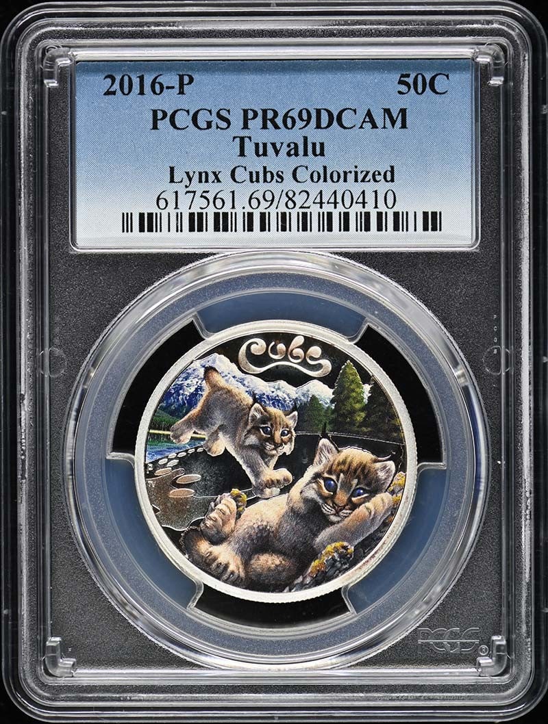 2016-P 50C Tuvalu Lynx Cubs Colorized PCGS MS69: 2016-P 50C Tuvalu Lynx Cubs Colorized PCGS MS69 This stunning 2016-P 50C Tuvalu Lynx Cubs coin features a beautiful colorized design and is graded MS69 by PCGS, ensuring its exceptional quality. It is