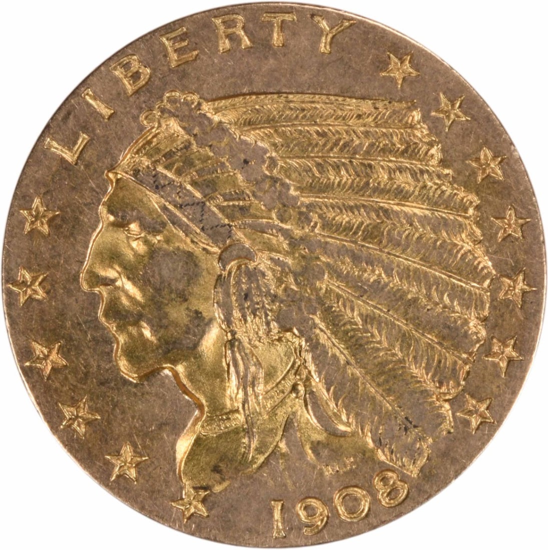1908 $2.50 Gold Indian Coin AU Uncertified Bela Lyon Pratt Design: 1908 $2.50 Gold Indian Coin AU Uncertified Bela Lyon Pratt Design This 1908 $2.50 Gold Indian coin exhibits an AU (About Uncirculated) grade, showcasing its historical significance and craftsmanship.