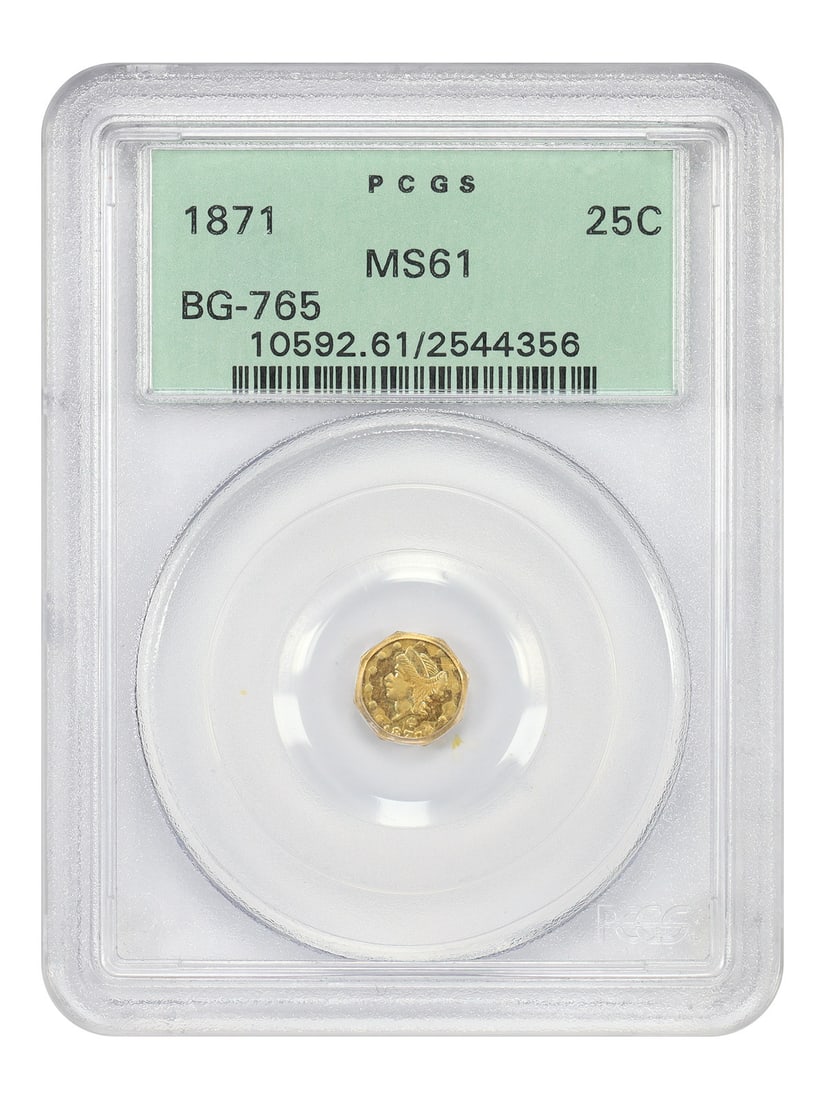 1871 California Fractional Gold 25C PCGS MS61 BG-765 Old Green Holder Coin: 1871 California Fractional Gold 25C PCGS MS61 BG-765 Old Green Holder Coin This is an 1871 California Fractional Gold 25-cent coin, graded MS61 by PCGS. It is an uncirculated coin from the California