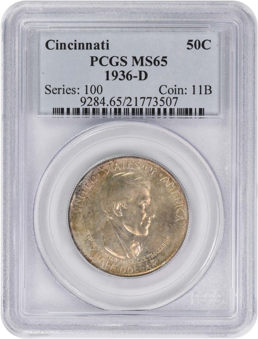 1936-D Silver Half Dollar Cincinnati Commemorative PCGS MS65: 1936-D Silver Half Dollar Cincinnati Commemorative PCGS MS65 This 1936-D Cincinnati Commemorative Half Dollar is an uncirculated silver coin graded MS65 by PCGS. Minted in Denver, it is a commemorativ