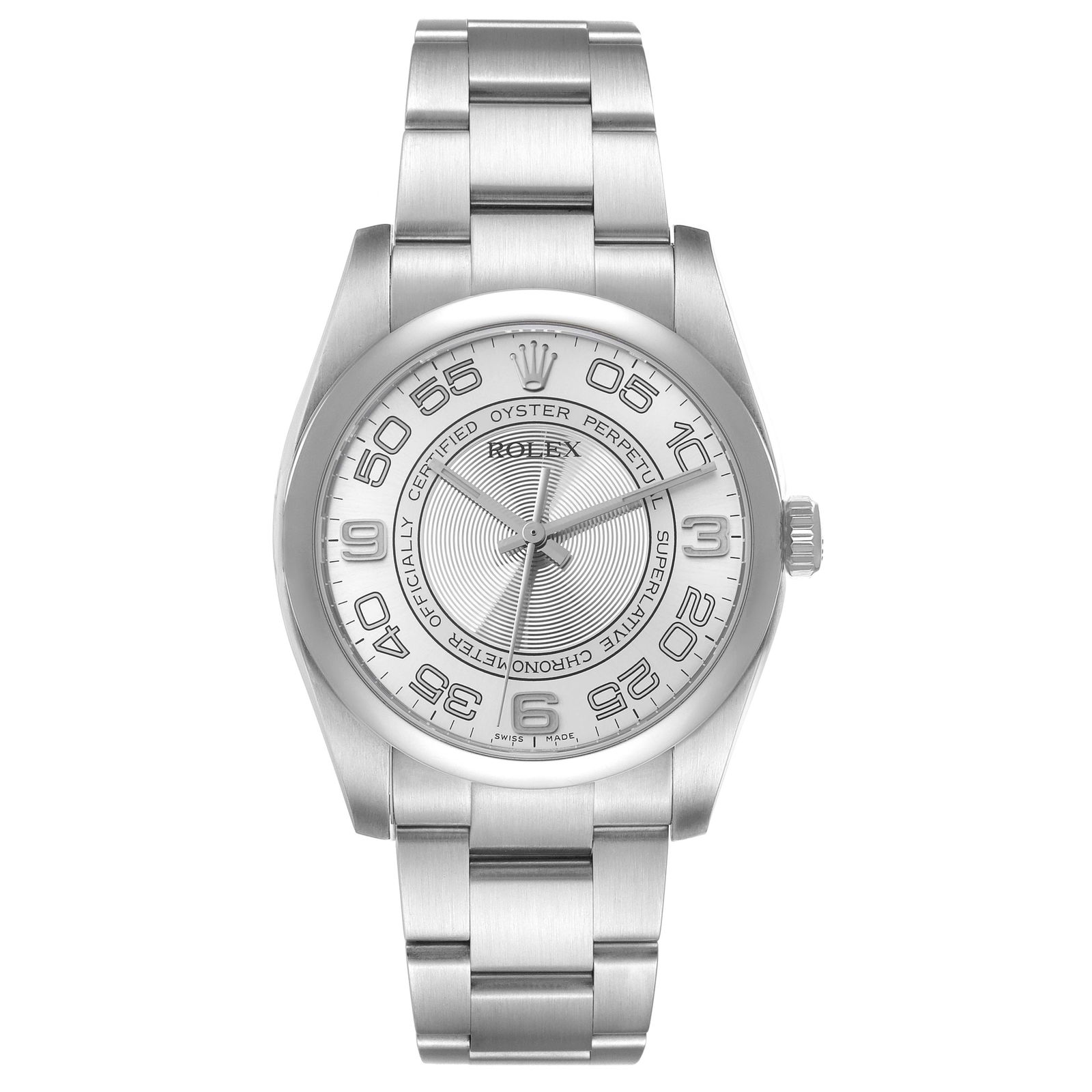 Oyster Perpetual Ref 116000 Silver Concentric Dial Watch Card Old Green 2012: Oyster Perpetual Ref 116000 Silver Concentric Dial Watch Card Old Green 2012 This Rolex Oyster Perpetual watch features a silver concentric dial and a smooth bezel, paired with the classic Oyster brac