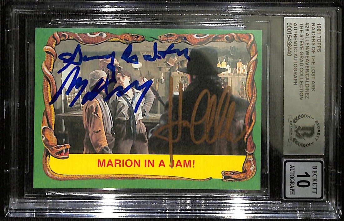 1981 Topps Indiana Jones #26 Signed by Allen Caldinez Weaver BAS 10: 1981 Topps Indiana Jones #26 Signed by Allen Caldinez Weaver BAS 10 This autographed 1981 Topps Indiana Jones #26 trading card features the iconic scene "Marion In A Jam!" and is signed by three notab