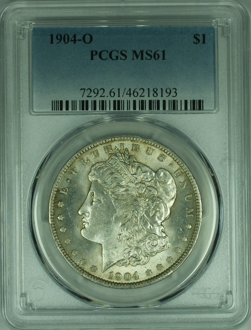 PCGS MS61 1904-O Silver Morgan Dollar from New Orleans Mint: PCGS MS61 1904-O Silver Morgan Dollar from New Orleans Mint This 1904-O Morgan Silver Dollar is certified by PCGS with a grade of MS-61. Minted in New Orleans, the coin is uncirculated and composed of