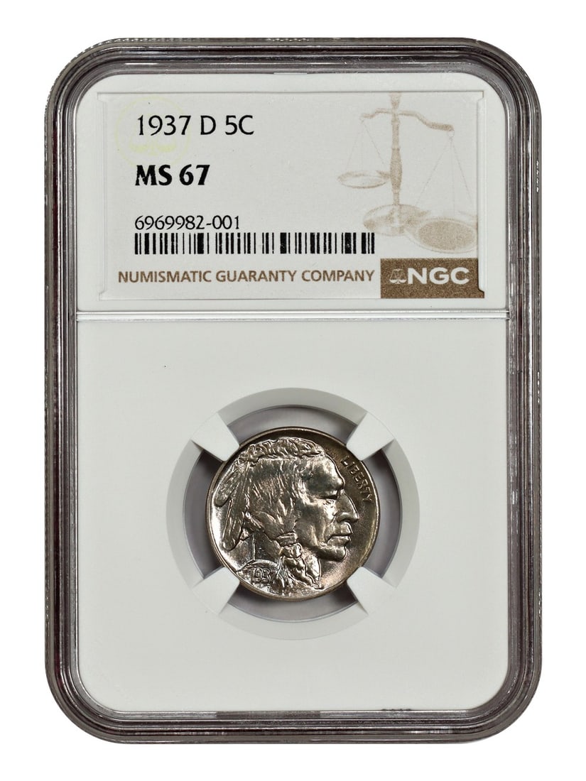 NGC MS67 1937 Denver Mint Buffalo Nickel Five Cent Coin: NGC MS67 1937 Denver Mint Buffalo Nickel Five Cent Coin This is a 1937-D Buffalo Nickel graded MS67 by NGC. The coin is uncirculated and was minted in Denver. It is part of the Buffalo Nickel series a