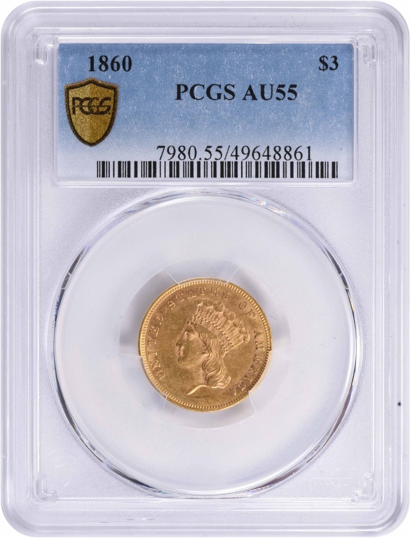 1860 $3 Gold Coin AU55 PCGS By James Barton Longacre (1 of 4)
