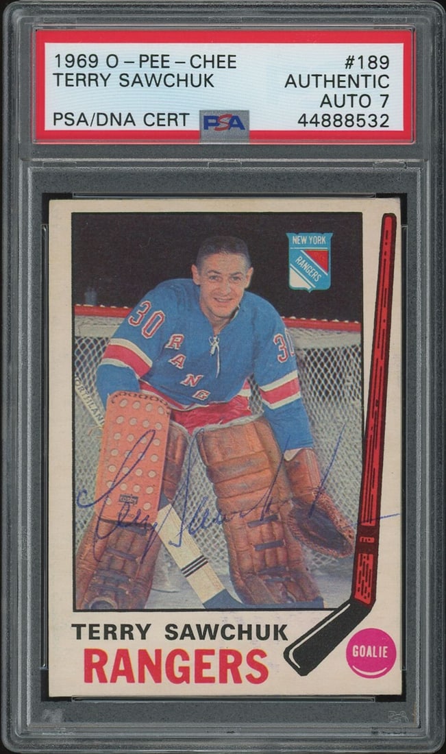 1969 O-Pee-Chee Terry Sawchuk 1/1 Signed Hockey Card PSA Certified: 1969 O-Pee-Chee Terry Sawchuk 1/1 Signed Hockey Card PSA Certified This rare 1969 O-Pee-Chee Terry Sawchuk autographed hockey card is a unique collectible for any sports enthusiast. It features the le