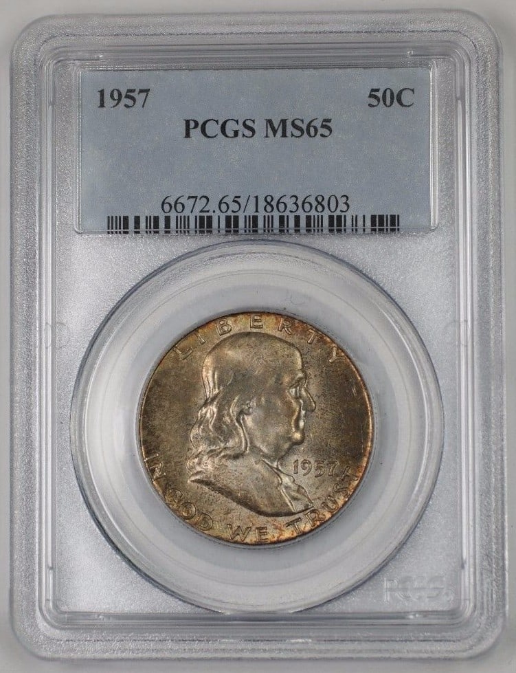 PCGS MS65 1957 Franklin Half Dollar Silver Coin Philadelphia Toned: PCGS MS65 1957 Franklin Half Dollar Silver Coin Philadelphia Toned This is a 1957 Franklin Silver Half Dollar 50 cent coin certified by PCGS with a grade of MS-65. The coin is uncirculated, features a