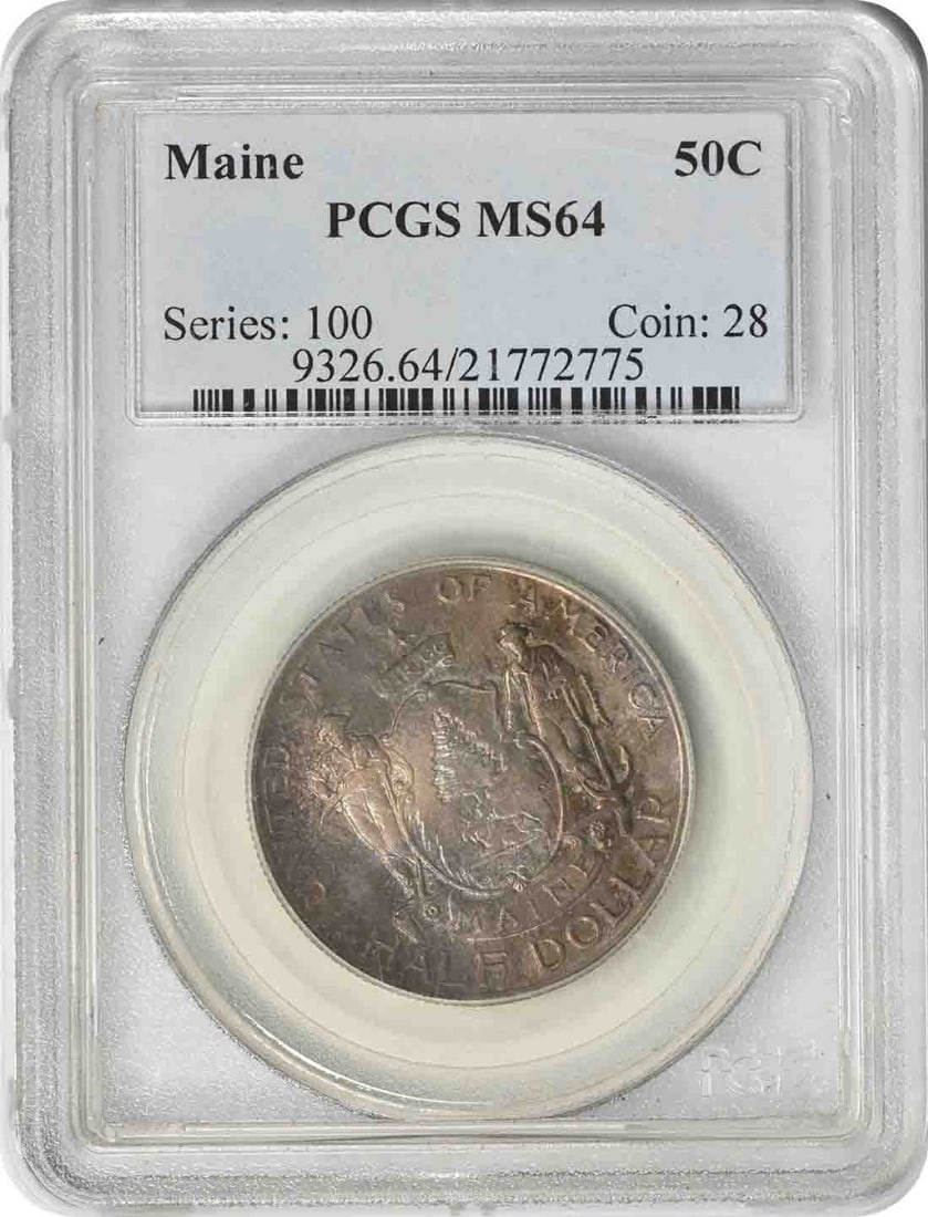 1920 Maine Commemorative Silver Half Dollar MS64 PCGS Uncirculated: 1920 Maine Commemorative Silver Half Dollar MS64 PCGS Uncirculated This Maine Commemorative Silver Half Dollar, minted in 1920, is a remarkable piece that showcases the artistry of designer Harry H. C
