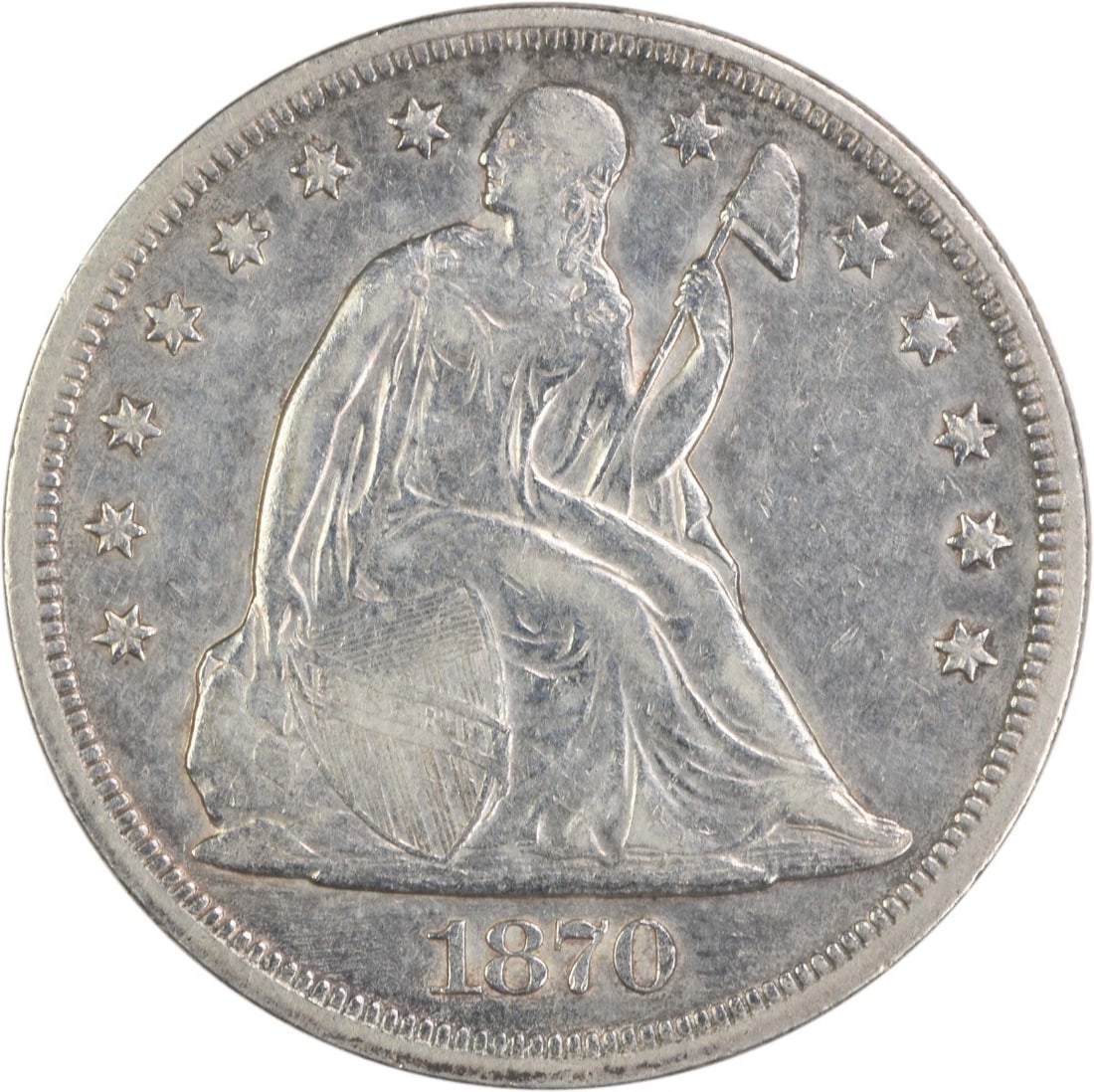 1870 Liberty Seated Dollar $1 EF Uncertified Silver Coin: 1870 Liberty Seated Dollar $1 EF Uncertified Silver Coin This 1870 Liberty Seated Dollar showcases the artistry of designer Christian Gobrecht, embodying a rich history from its minting in Philadelphi