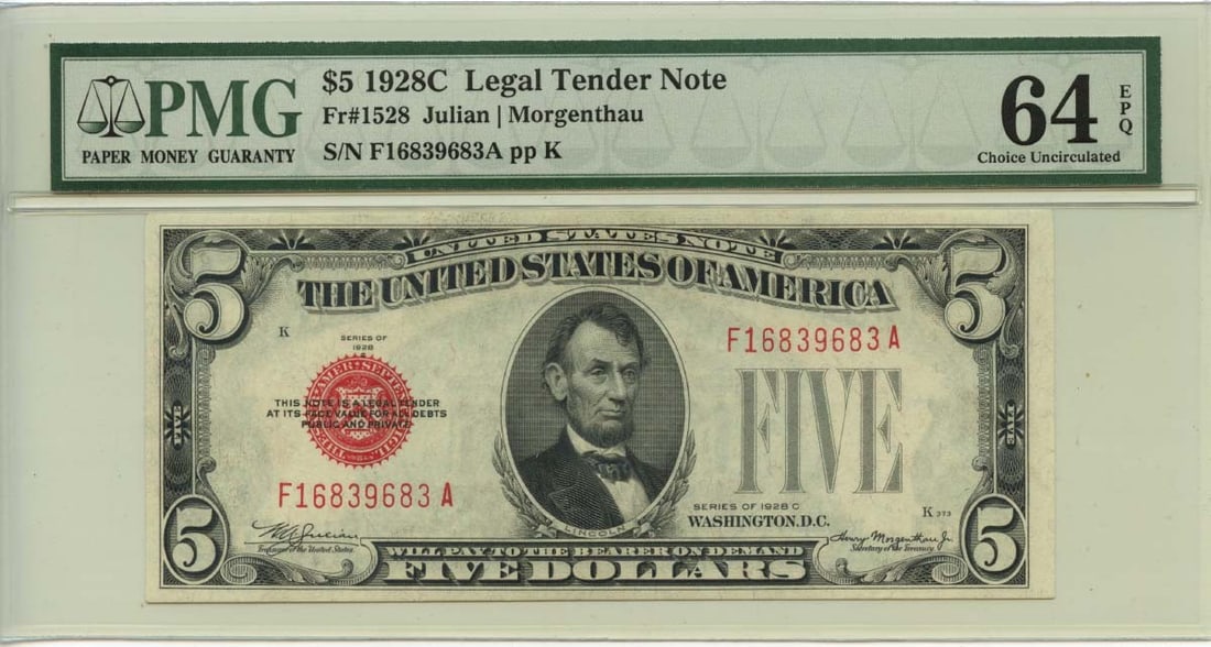 1928C $5 Legal Tender Note Fr# 1528 PMG MS64 Uncirculated: 1928C $5 Legal Tender Note Fr# 1528 PMG MS64 Uncirculated This 1928C $5 Legal Tender Note, designated as Fr# 1528, is an impressive piece for collectors. It is certified by PMG with a grade of CH64 EP