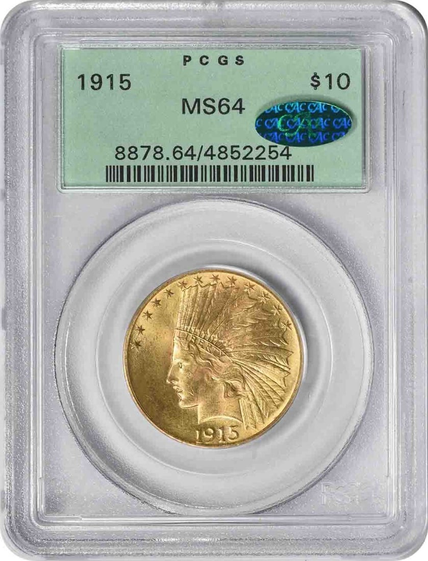 1915 $10 Gold Indian Coin MS64 PCGS OGH CAC Burnished: 1915 $10 Gold Indian Coin MS64 PCGS OGH CAC Burnished This stunning 1915 $10 Gold Indian coin is graded MS64 by PCGS, ensuring its exceptional quality and condition. Featuring a burnished strike, this