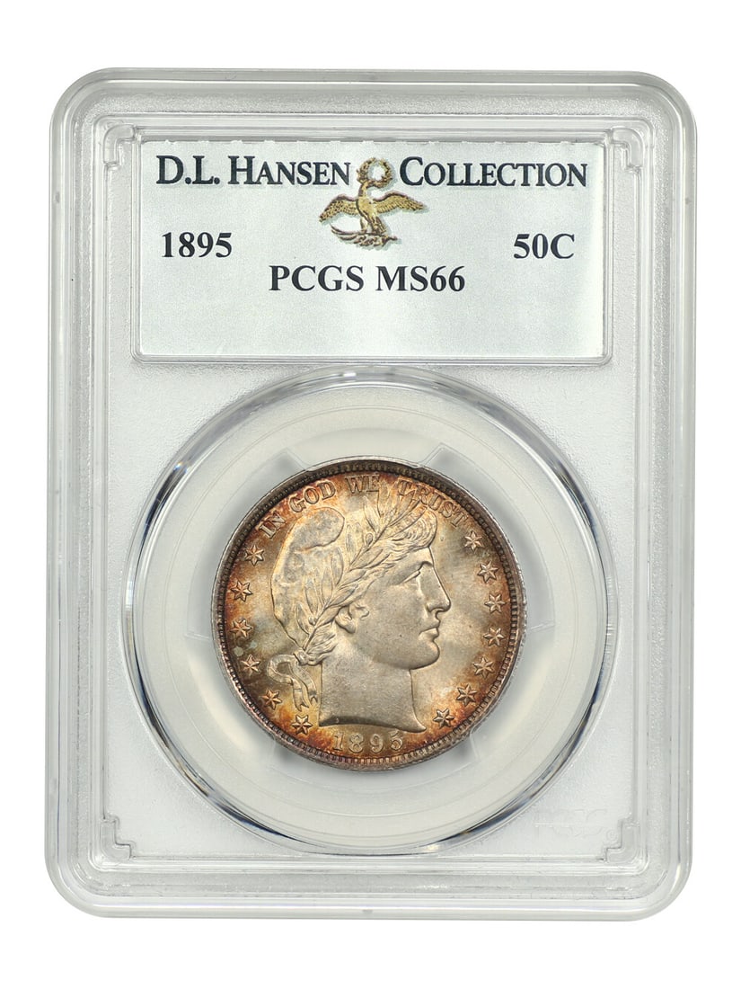 1895 Barber Half Dollar PCGS MS66 D.L. Hansen Ex: 1895 Barber Half Dollar PCGS MS66 D.L. Hansen Ex This 1895 50C Barber Half Dollar is graded MS66 by PCGS, boasting brilliant luster and exceptional detail. The coin features stunning burnt-orange and