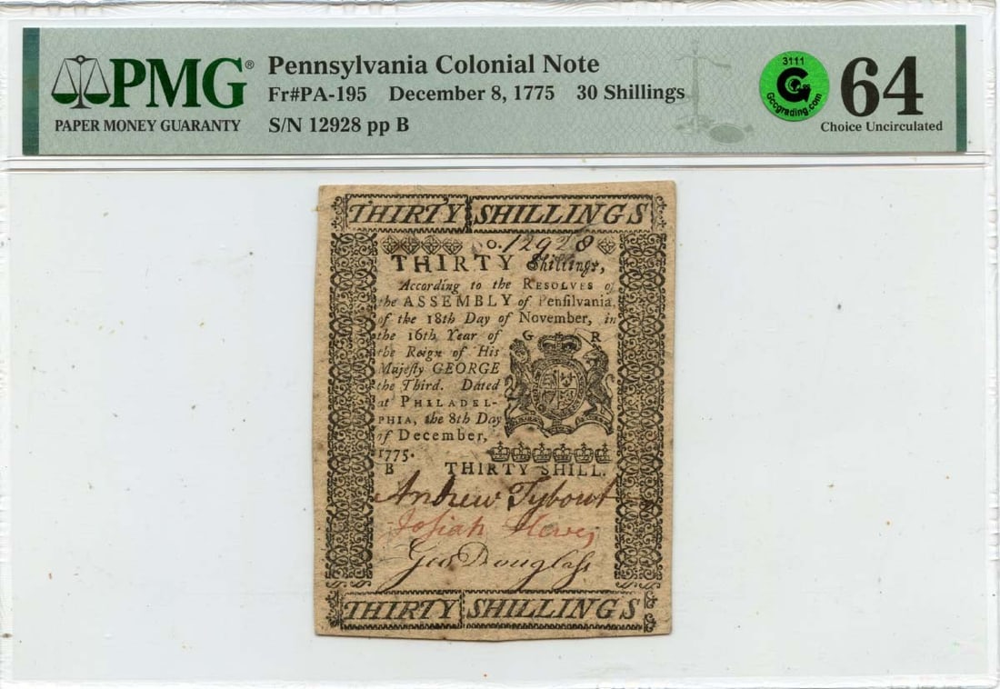 1775 Pennsylvania Colonial Currency Note FR#PA-195 PMG CU64 (1 of 2)