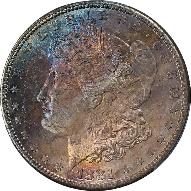 1881-S Morgan Silver Dollar PCGS MS65 Electric Blue Toning: 1881-S Morgan Silver Dollar PCGS MS65 Electric Blue Toning This stunning 1881-S Morgan Silver Dollar showcases an impressive electric blue toning that enhances its visual appeal. Graded MS65 by PCGS,