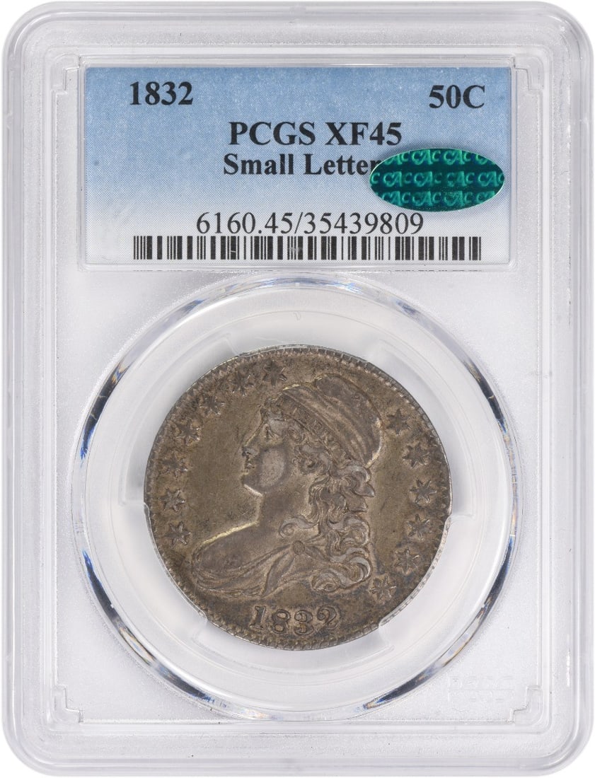 1832 Small Letters Capped Bust Half Dollar EF45 PCGS CAC Certified: 1832 Small Letters Capped Bust Half Dollar EF45 PCGS CAC Certified This 1832 Bust Silver Half Dollar features the Small Letters variety and has been graded EF45 by PCGS with CAC approval. Minted in Ph