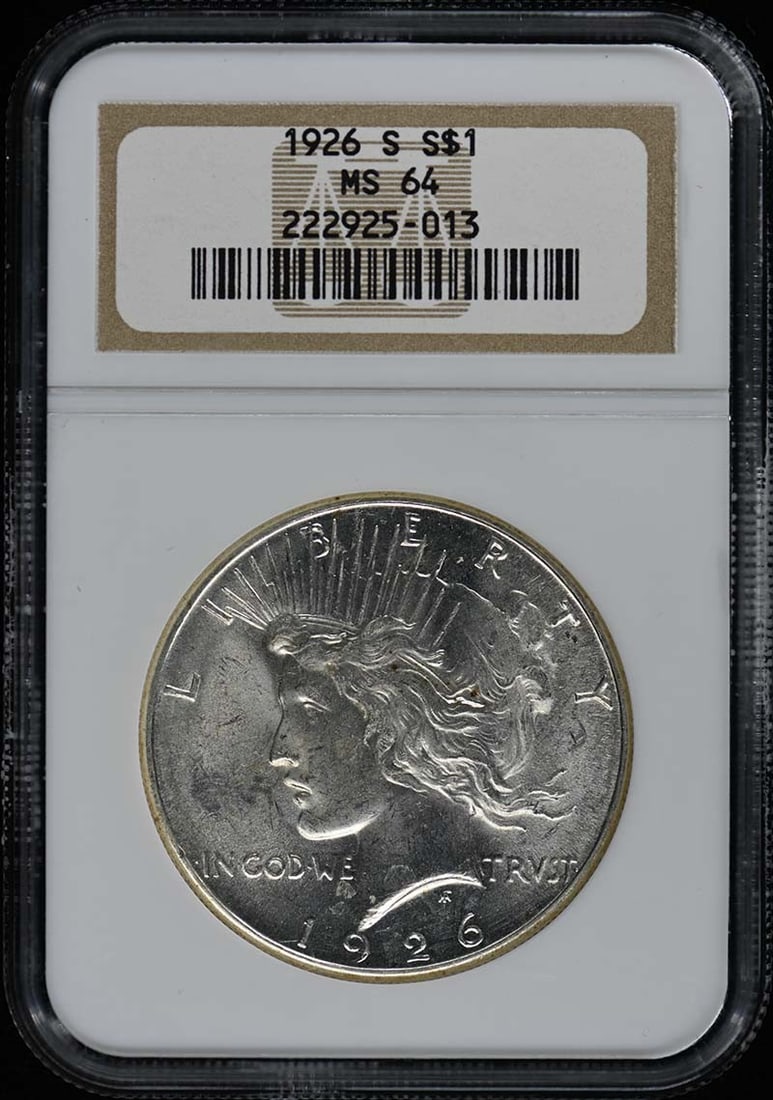 1926-S Peace Dollar NGC MS64 Uncirculated San Francisco: 1926-S Peace Dollar NGC MS64 Uncirculated San Francisco This 1926-S Peace Dollar is a stunning example of American coinage, certified by NGC with a grade of MS64, indicating its uncirculated condition