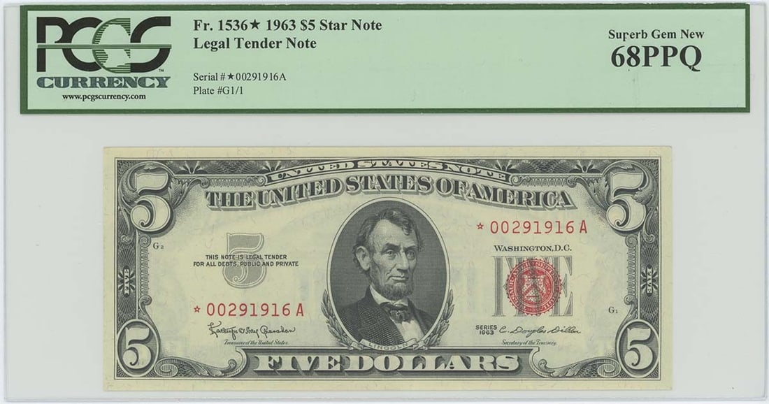 1963 $5 Legal Tender Note FR#1536* PCGS 68 Superb Gem (1 of 2)