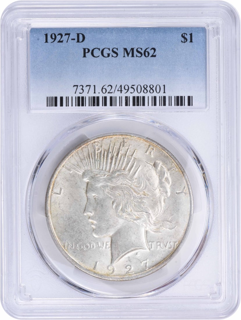 1927-D Peace Silver Dollar MS62 PCGS Uncirculated Coin: 1927-D Peace Silver Dollar MS62 PCGS Uncirculated Coin This 1927-D Peace Silver Dollar is a stunning example of American coinage, graded MS62 by PCGS. Featuring a beautiful design by Anthony de Franci