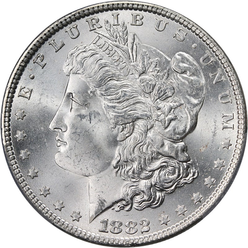 PCGS MS64 1882 Philadelphia Morgan Dollar Brilliant Uncirculated Silver Coin: PCGS MS64 1882 Philadelphia Morgan Dollar Brilliant Uncirculated Silver Coin This 1882-P Morgan Silver Dollar is graded PCGS MS64 and features a blazing white appearance with superb eye appeal. The co