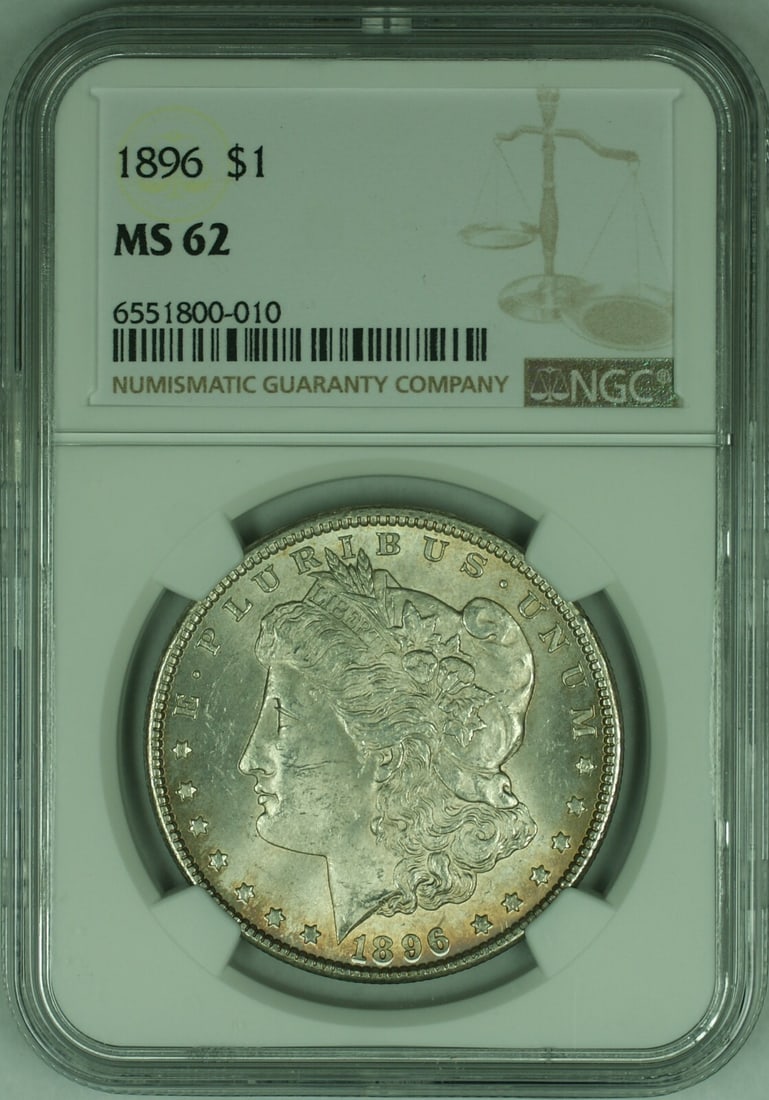 Morgan Dollar 1896 $1 Silver NGC MS-62 Lightly Toned Philadelphia: Morgan Dollar 1896 $1 Silver NGC MS-62 Lightly Toned Philadelphia This is an 1896 Morgan Silver Dollar coin graded MS-62 by NGC. The coin, minted in Philadelphia, is composed of silver and features li