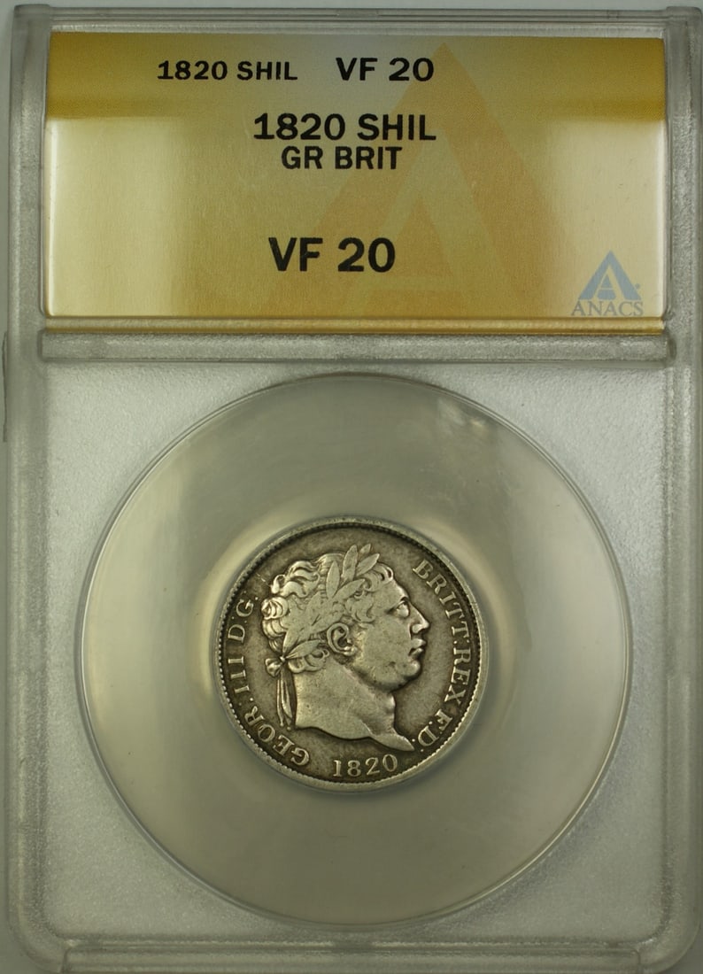 Certified 1820 United Kingdom Silver Shilling ANACS VF 20: Certified 1820 United Kingdom Silver Shilling ANACS VF 20 This is an 1820 Great Britain silver shilling coin, graded VF-20 by ANACS. The coin is composed of silver and has been circulated. It is certi