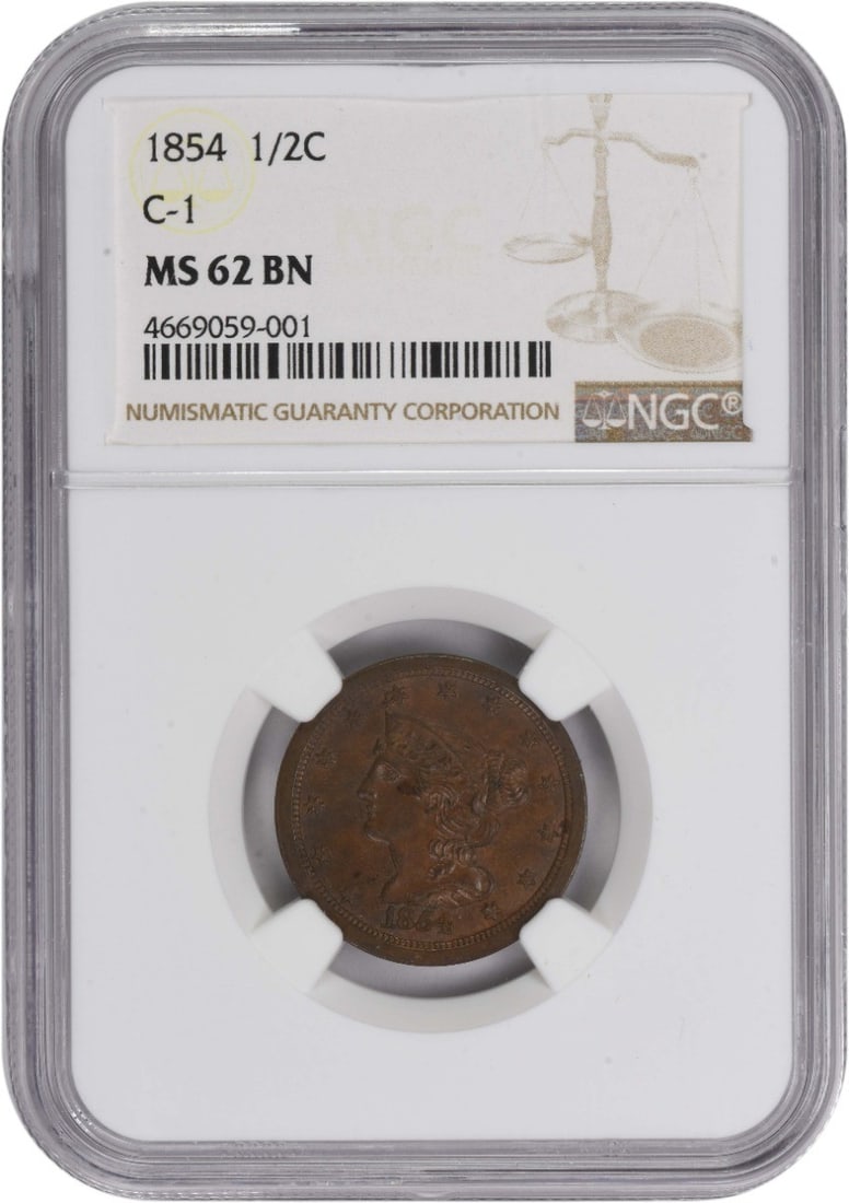 1854 Braided Hair Half Cent MS62BN NGC Certified Copper Coin: 1854 Braided Hair Half Cent MS62BN NGC Certified Copper Coin This 1854 Half Cent showcases the Braided Hair design by Christian Gobrecht, a notable piece from the United States minting history. Graded