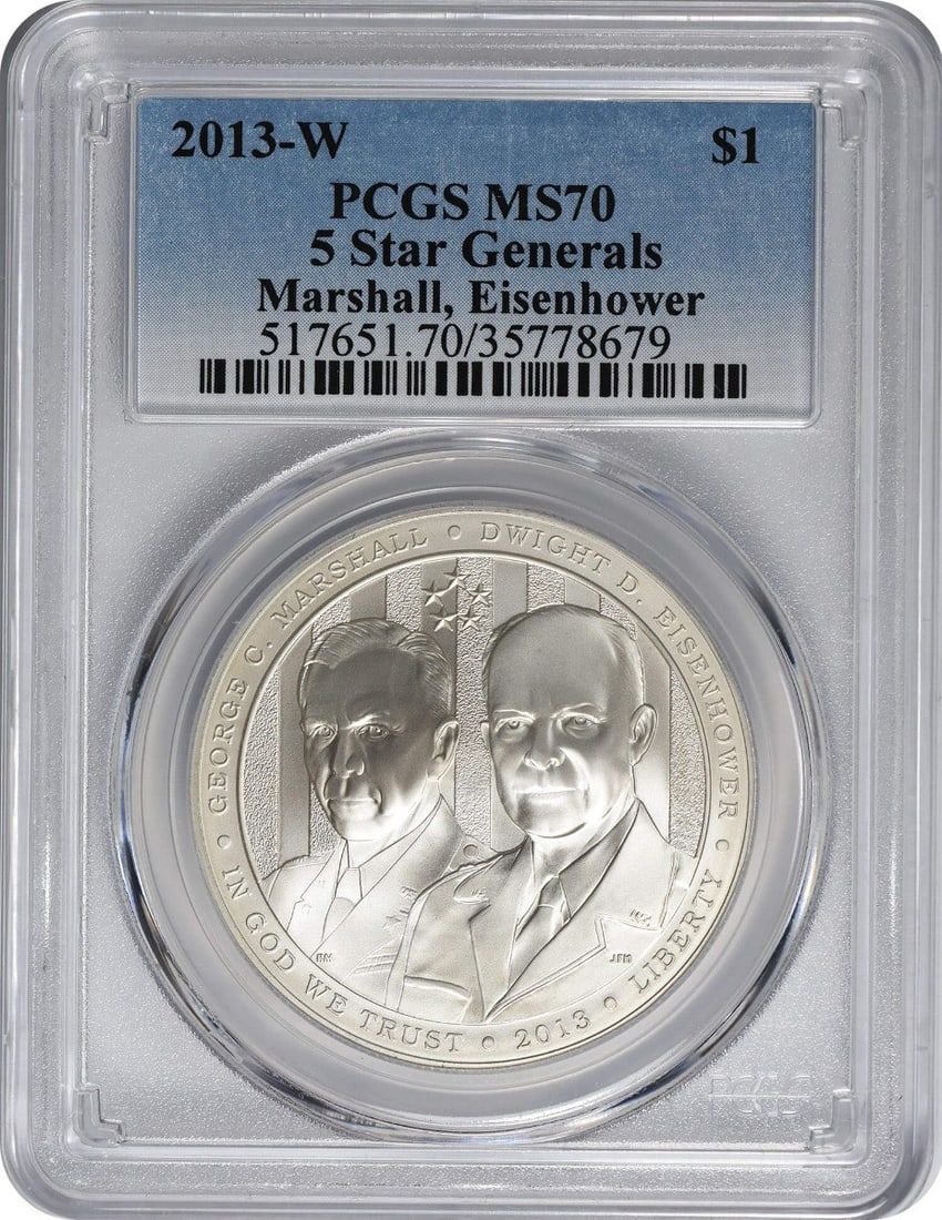 PCGS MS70 2013 W Dollar Commemorative Silver Coin: PCGS MS70 2013 W Dollar Commemorative Silver Coin This 2013-W 5-Star Generals Silver Commemorative Dollar is certified by PCGS with a Mint State 70 grade, indicating a flawless, un-used coin. It is st