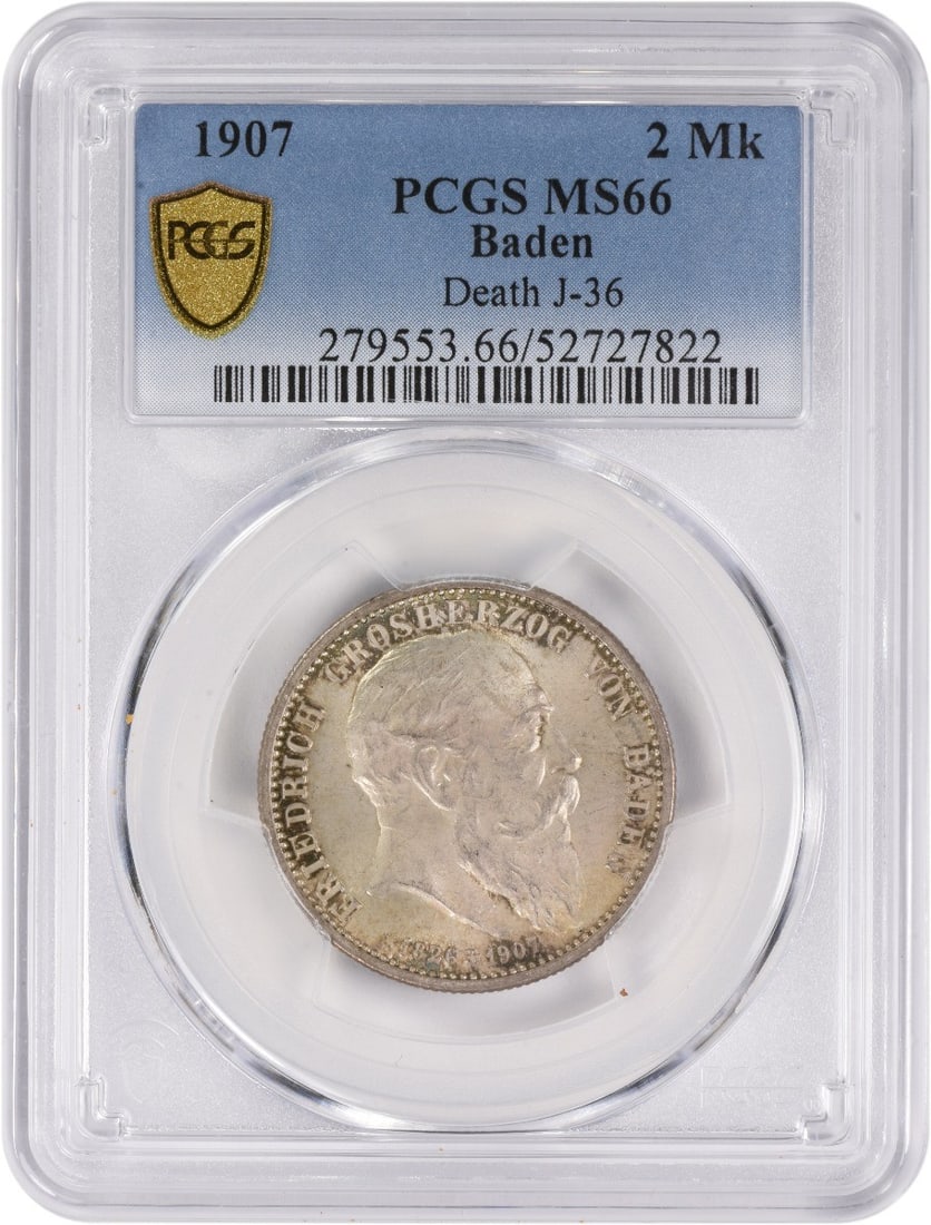 1907 Baden 2 Mark Coin MS66 PCGS Uncirculated: 1907 Baden 2 Mark Coin MS66 PCGS Uncirculated This 1907 German States - Baden 2 Mark coin is a remarkable specimen with a certification from PCGS, boasting an impressive grade of MS66. This uncirculat