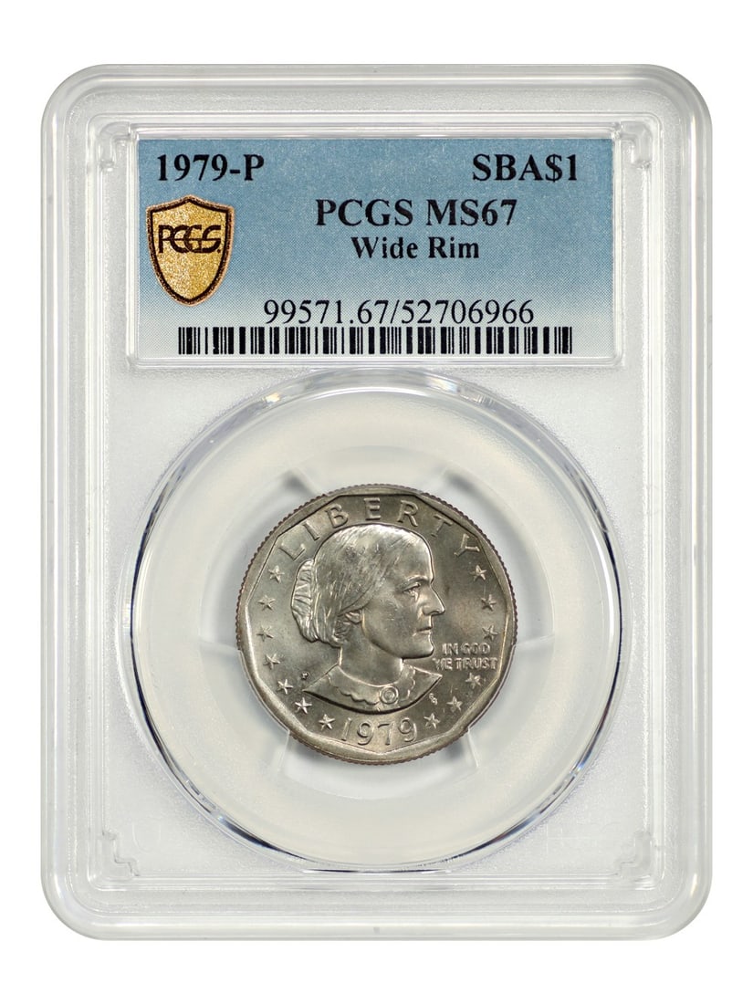 PCGS MS67 1979-P Wide Rim Susan B. Anthony Dollar Scarce Variety: PCGS MS67 1979-P Wide Rim Susan B. Anthony Dollar Scarce Variety This is a 1979-P Susan B. Anthony Dollar featuring the scarce Wide Rim variety, where the "1" digit nearly touches the rim design. Grad