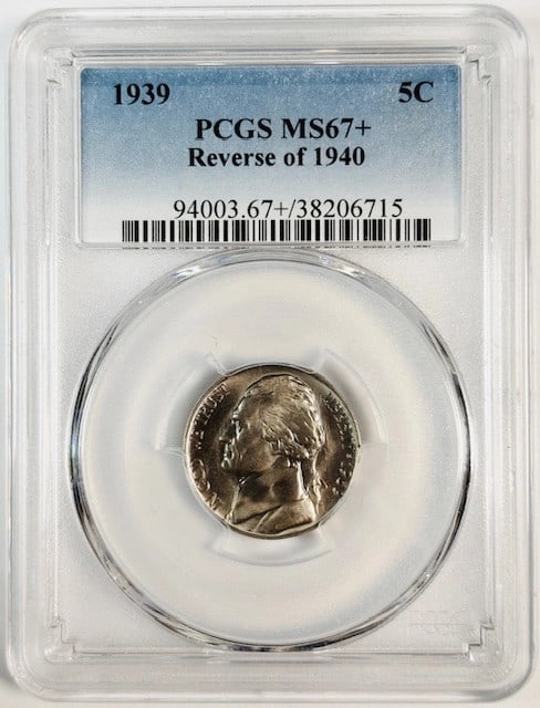 1939 Philadelphia Jefferson Nickel PCGS MS-67 Plus Reverse 1940: 1939 Philadelphia Jefferson Nickel PCGS MS-67 Plus Reverse 1940 This is a 1939 Jefferson nickel from the Philadelphia Mint, featuring the Reverse of 1940 design. The coin is certified by PCGS with a g