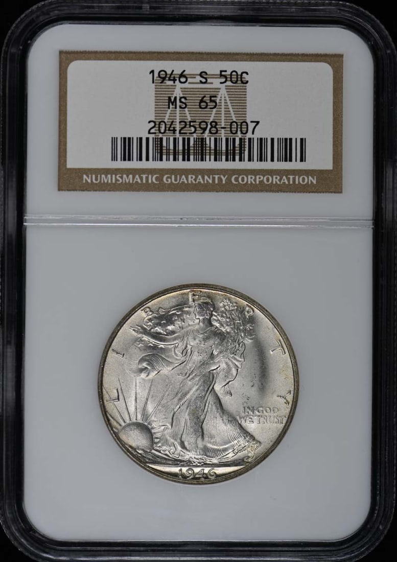 1946-S Walking Liberty Half Dollar NGC MS65 Uncirculated Coin: 1946-S Walking Liberty Half Dollar NGC MS65 Uncirculated Coin This stunning 1946-S Walking Liberty Half Dollar is graded MS65 by NGC, indicating its exceptional uncirculated condition. Minted in San F